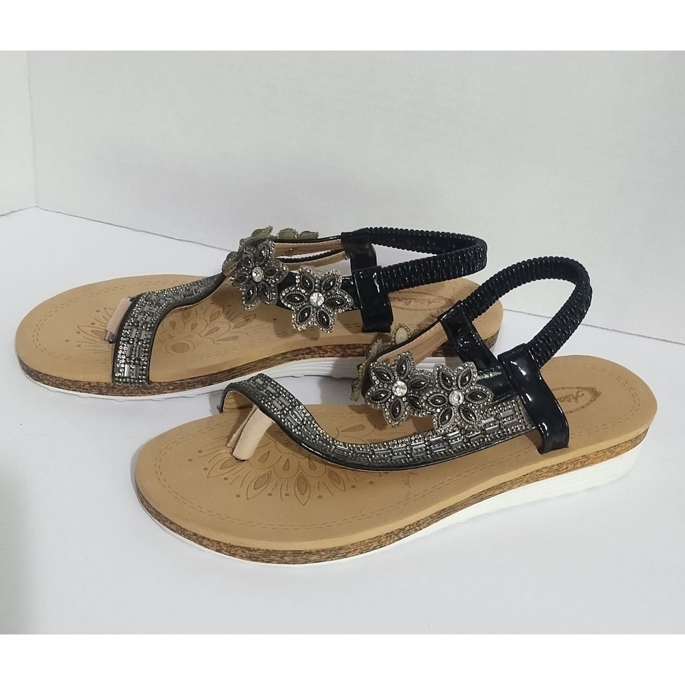 Womens Black Rhinestone Floral Thong Sandals Elastic Slingback Flat size 10